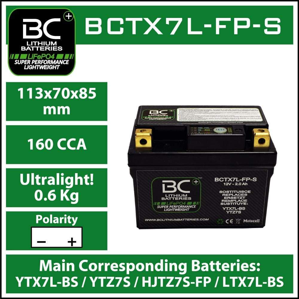 BC Lithium Batteries BCTX7L-FP Batteria Moto al Litio LiFePO4, 0,6 kg, 12V, HJTZ7S-FP / YTX7L-BS / YTZ7S / YTZ8V - BC Battery Italian Official Website